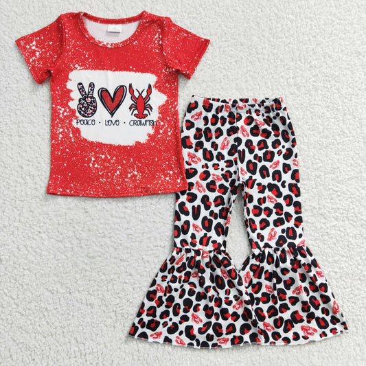 GSPO0432  Red Bleach Leopard Peace Love Crawfish Girls Short Sleeve Bell Bottom Pants Outfits