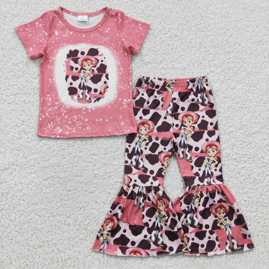 GSPO0289 Pink Bleach Cow Print Cartoon Character Cowboy Girls Short Sleeve Bell Bottom Pants Outfits