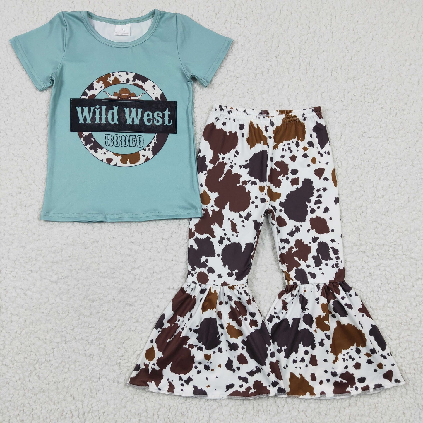 GSPO0291 Green Brown Wild West Rodeo Cowboy Western Girls Short Sleeve Bell Bottom Pants Outfits