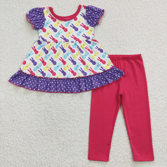 A12-14 Easter Pink Purple Rabbit Girls Short Sleeve Bell Bottom Pants Outfits