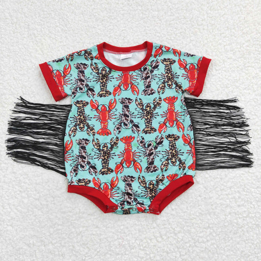 SR0136 Red Green Cray Crawfish Tassel Girls Short Sleeve Romper