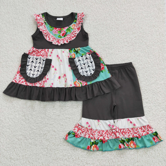 E3-16 Grey Pink Floral Black Pocket Patchwork Ruffles Girls Short Sleeve Bell Bottom Pants Outfits