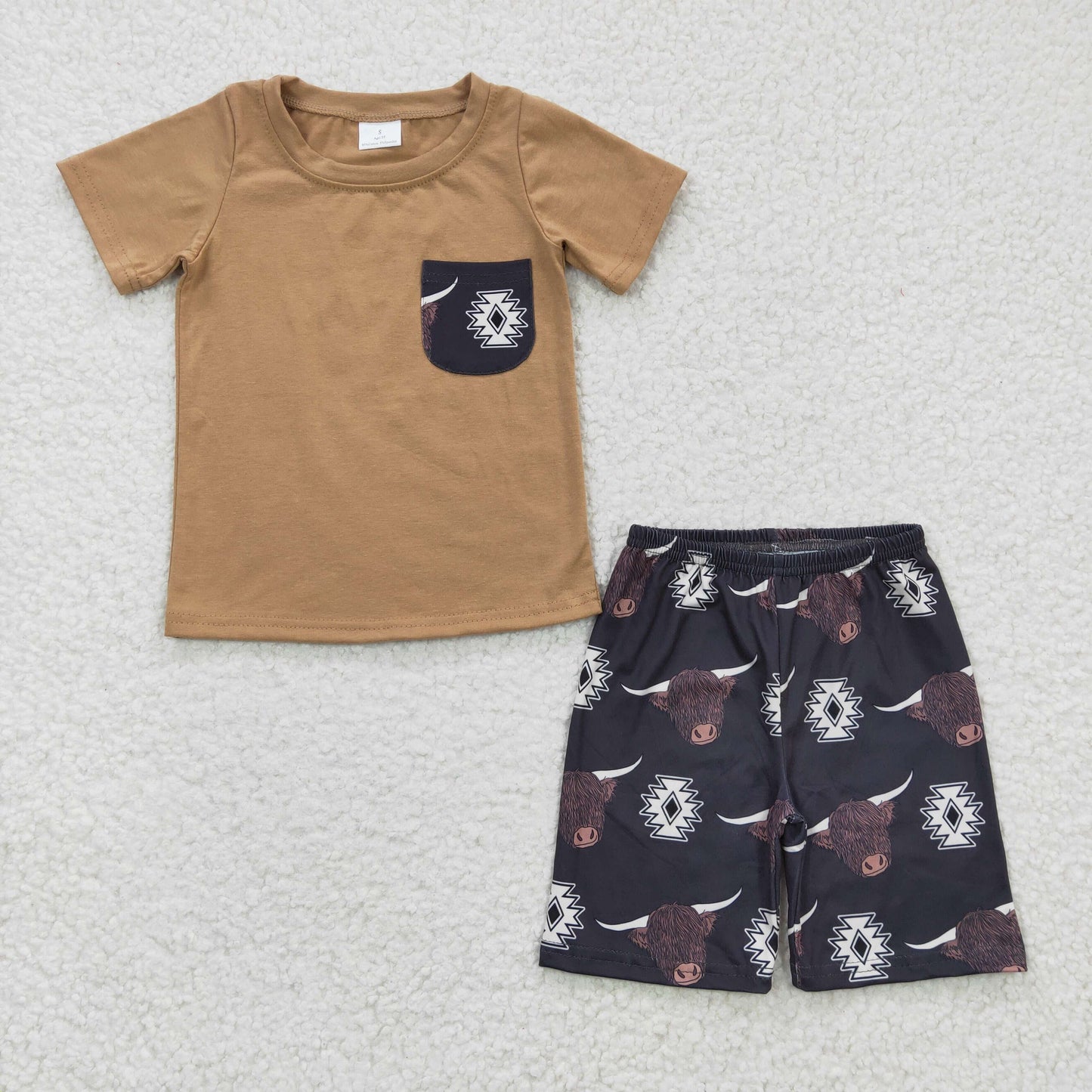 BSSO0148 Brown Highland Cow Western Pocket Boys Short Sleeve Shorts Outfits