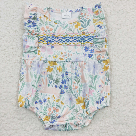 SR0262 Easter Rabbit Floral Girls Short Sleeve Romper