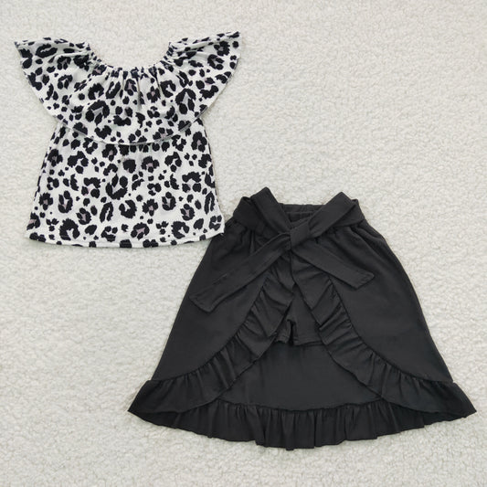 GSSO0183 Black Leopard Girls Short Sleeve With Skirt Dresses Outfits