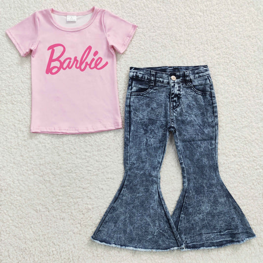 GSPO0557  2Pcs GT0151 Pink  Top +  Denim Girls Short Sleeve Bell Bottom Pants Outfits