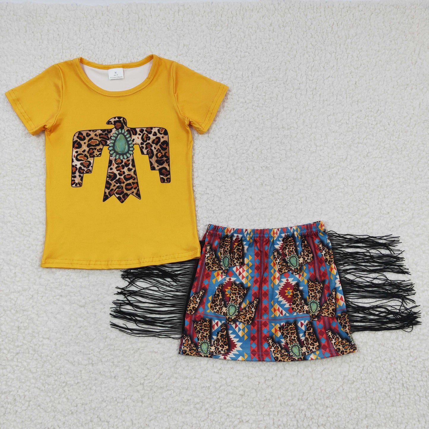 GSD0287 Bird Tassel Western Yellow Girls Short Sleeve Shorts Outfits