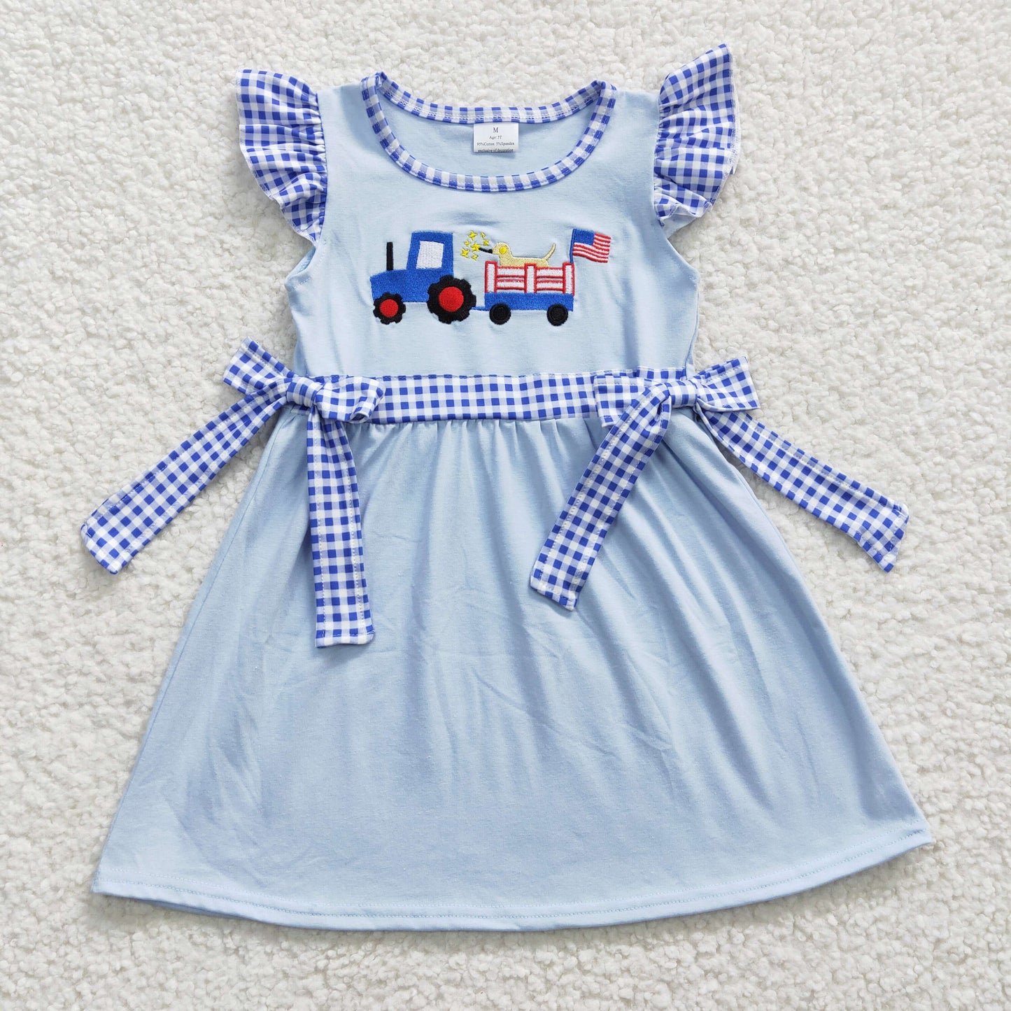 GSD0279 4th Of July Dog Blue Farm Car Truck Embroidery Girls Short Sleeve Dresses