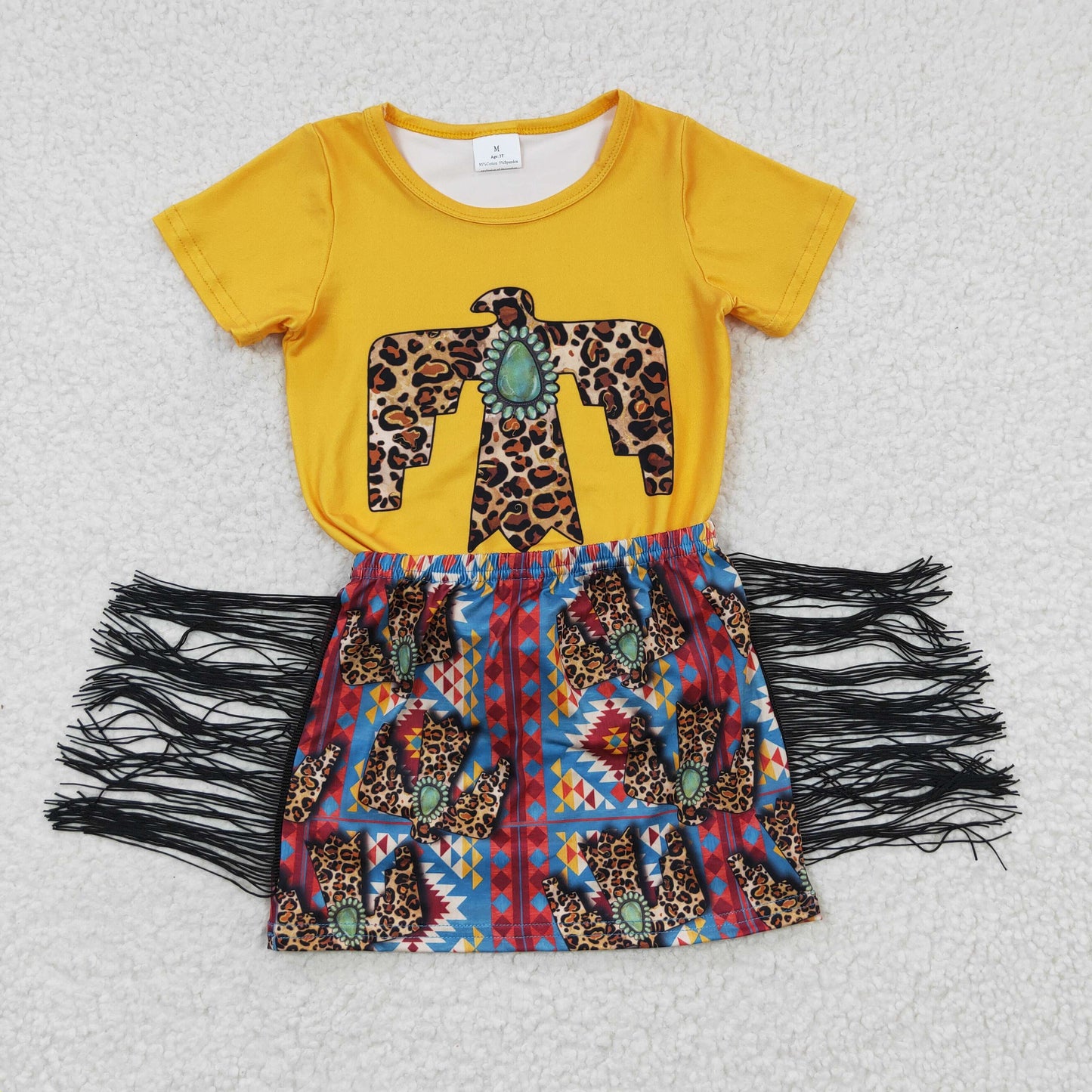 GSD0287 Bird Tassel Western Yellow Girls Short Sleeve Shorts Outfits