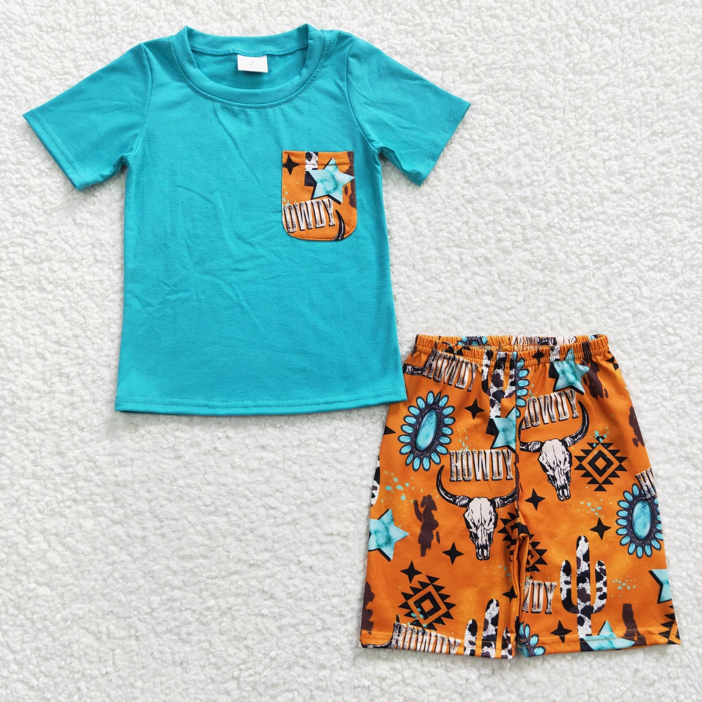 BSSO0140 Brown Blue Highland Cow Cactus Western Howdy Pocket Boys Short Sleeve Shorts Outfits