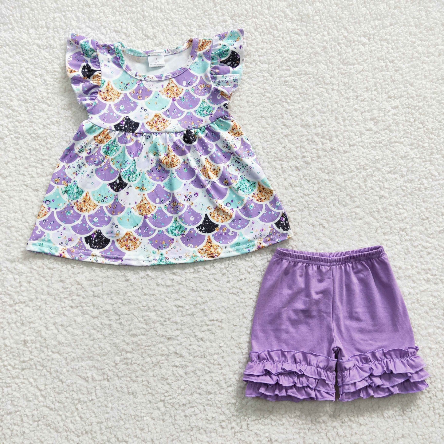 B17-9 Purple Scale Mermaid Girls Short Sleeve Shorts Outfits