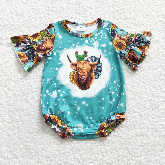 SR0126 Green Yellow Sunflower Leopard Highland Cow Western  Girls Short Sleeve Romper