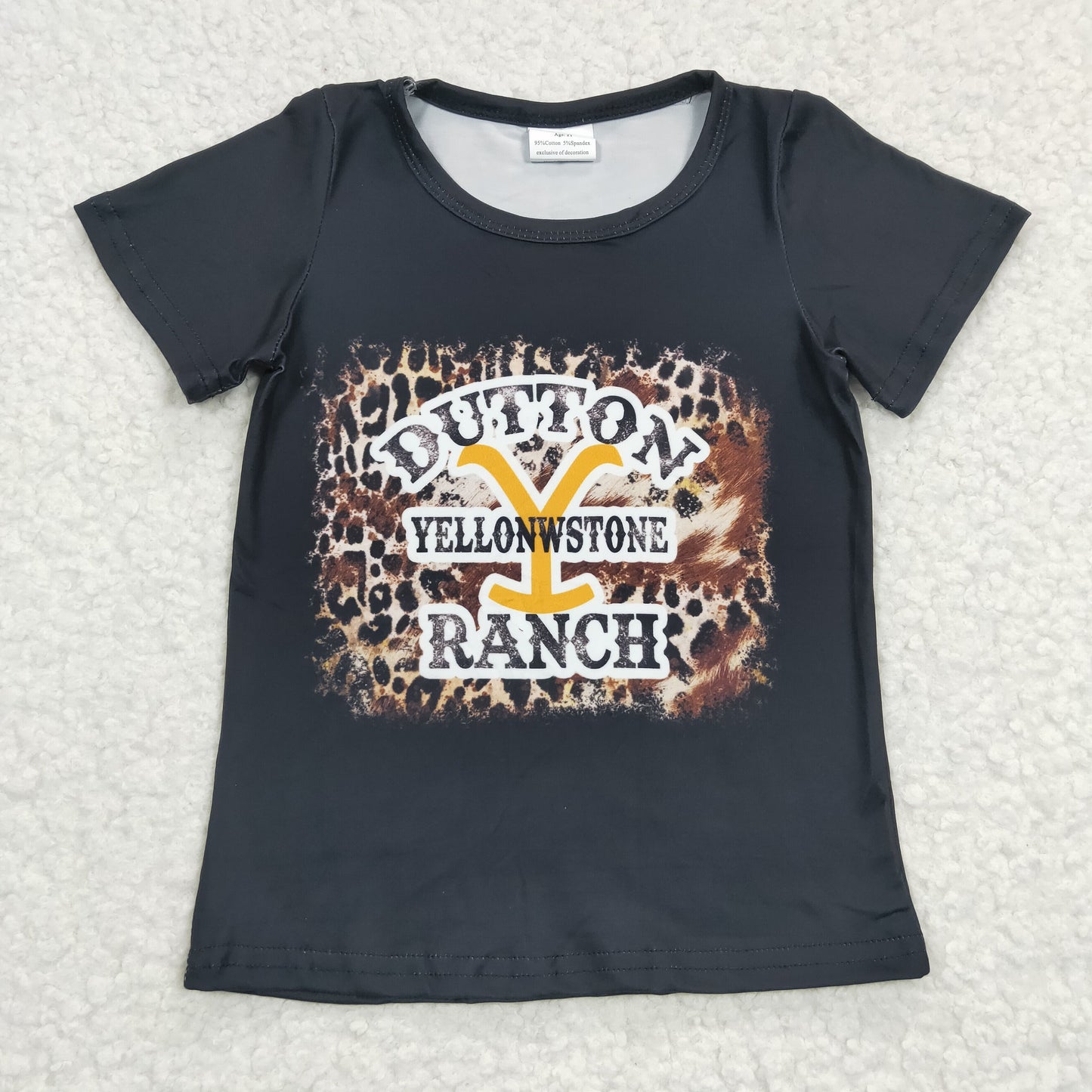 GT0177 Black Leopard  Cowboy Ranch Western Girls Short Sleeve Top T-shirts