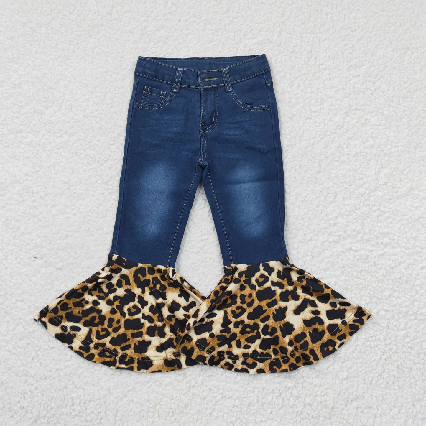 P0116 Dark Blue Leopard Print Bell-bottom Girls Cool Denim Jeans