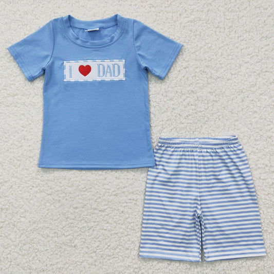 BSSO0172 Blue Plaid I Love Dad Embroidery Boys Short Sleeve Shorts Outfits