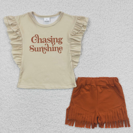 GSSO0213 Brown Yellow Khaki Chasing Sunshine Tassel Girls Short Sleeve Shorts Outfits