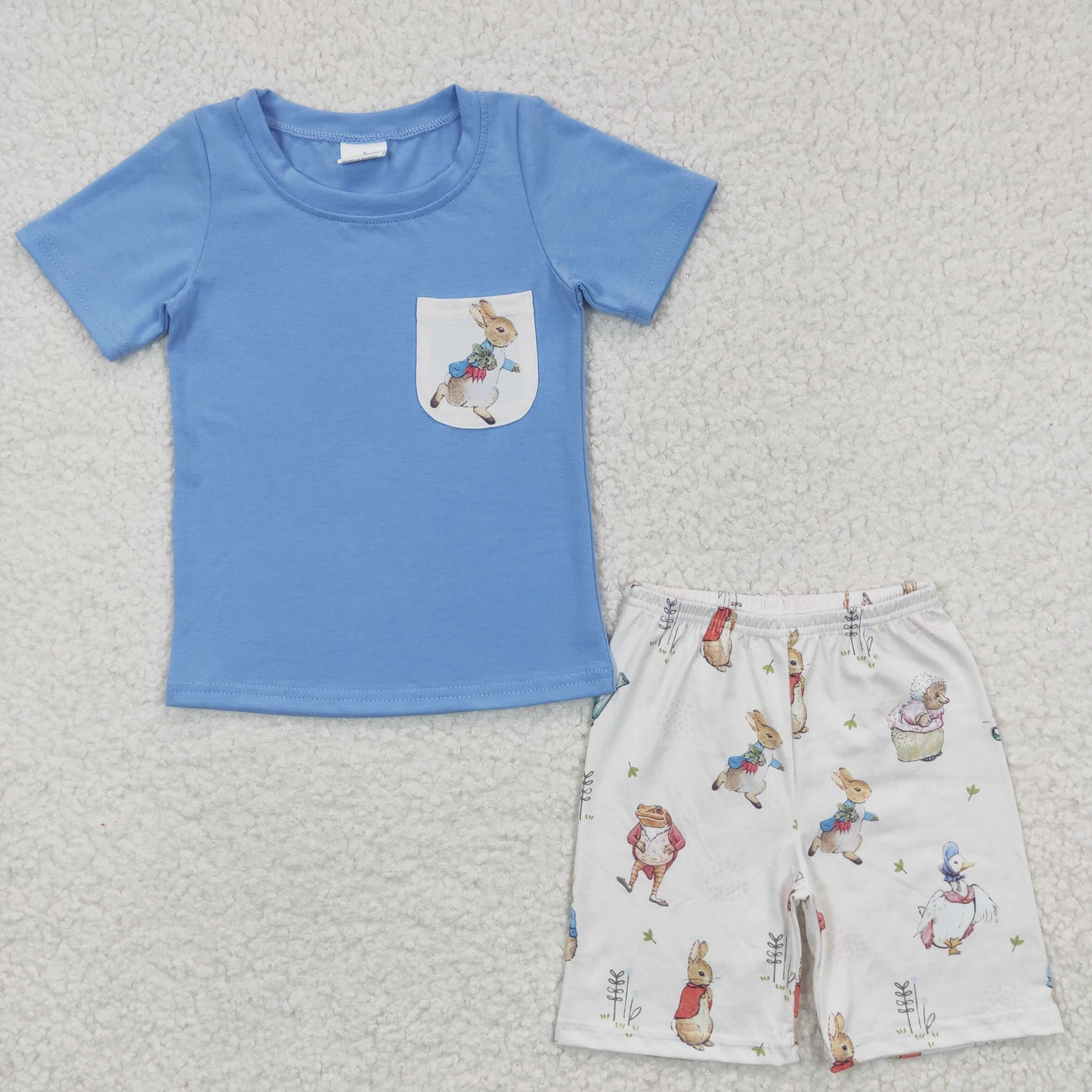 BSSO0115  Easter Blue Rabbit Pocket Boys Short Sleeve Shorts Outfits