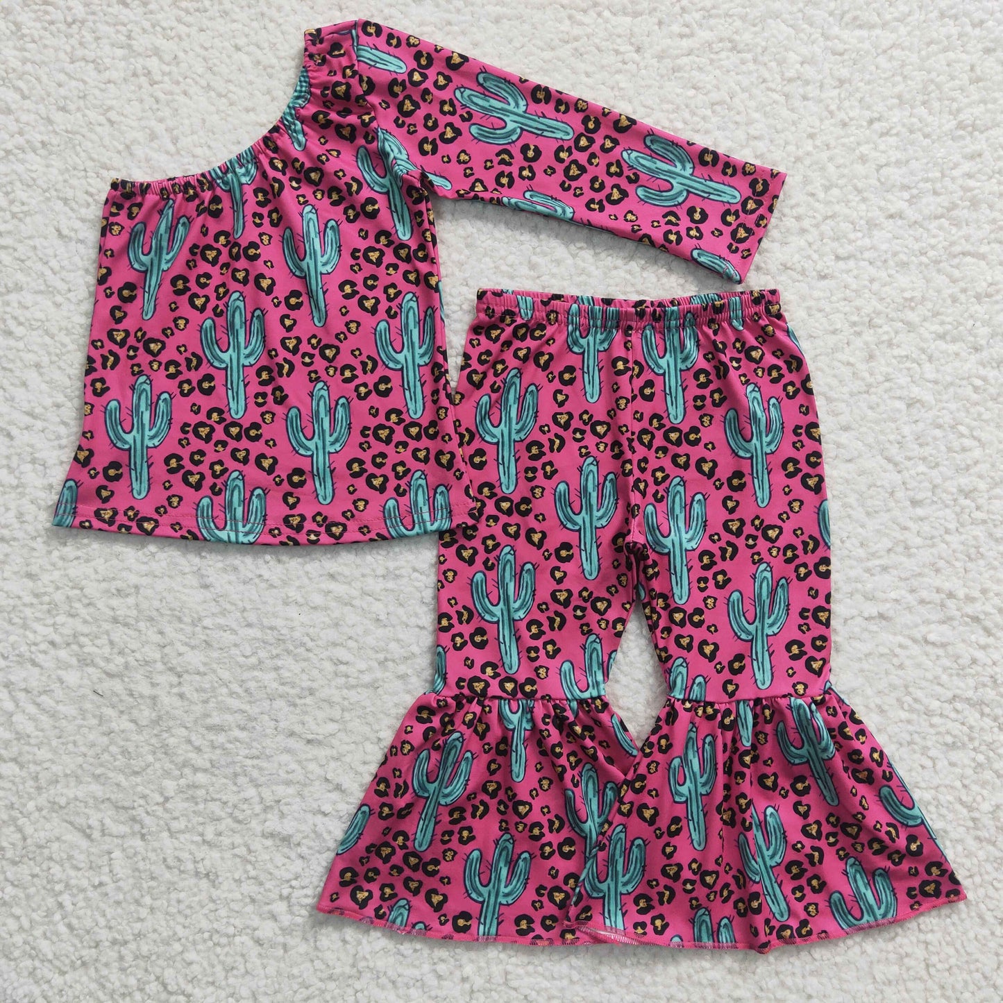 GLP0413 Pink Cactus Leopard Single  Girls Long Sleeve Bell Bottom Pants Outfits