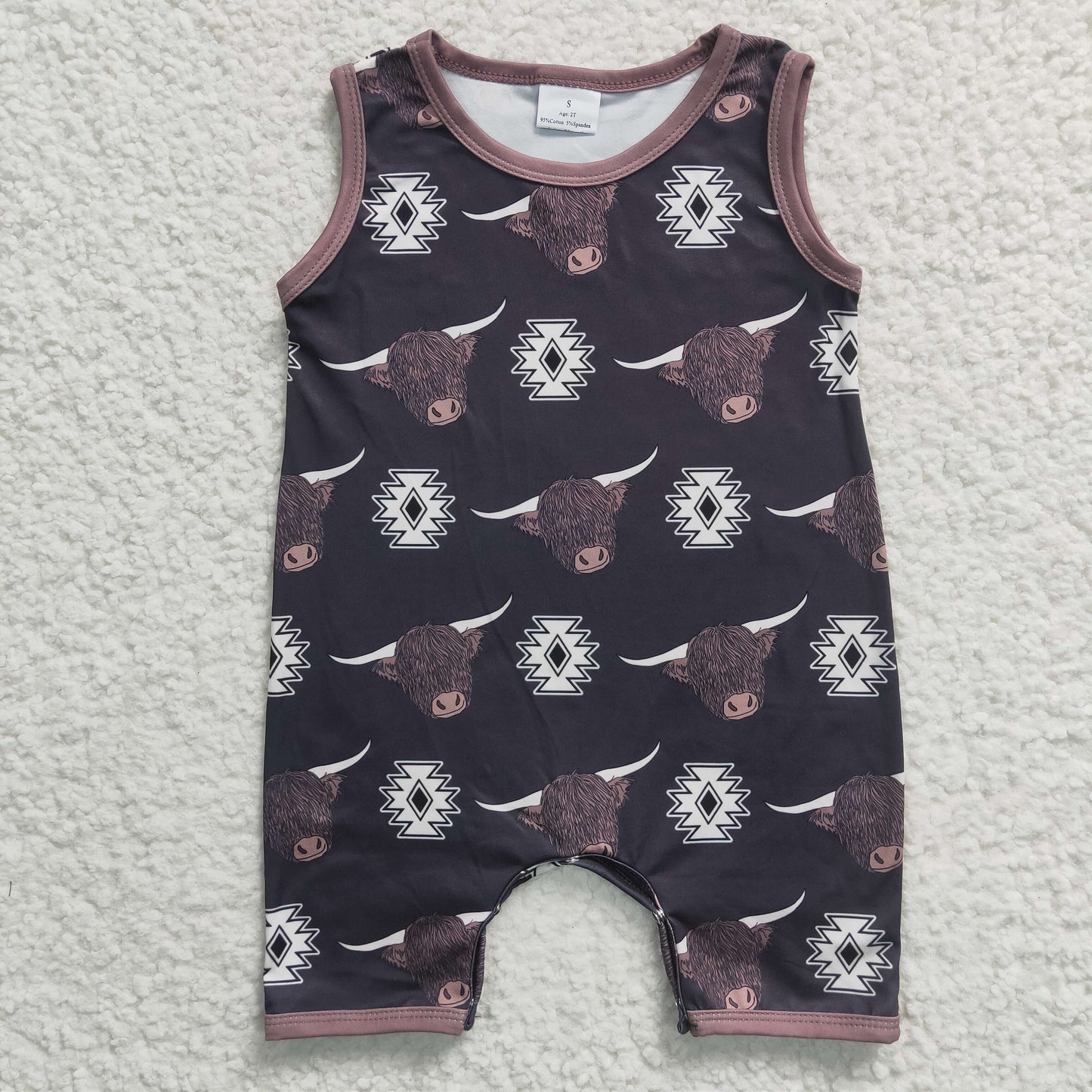 SR0284 Brown Black Highland Cow Western Boys Short Sleeve Romper