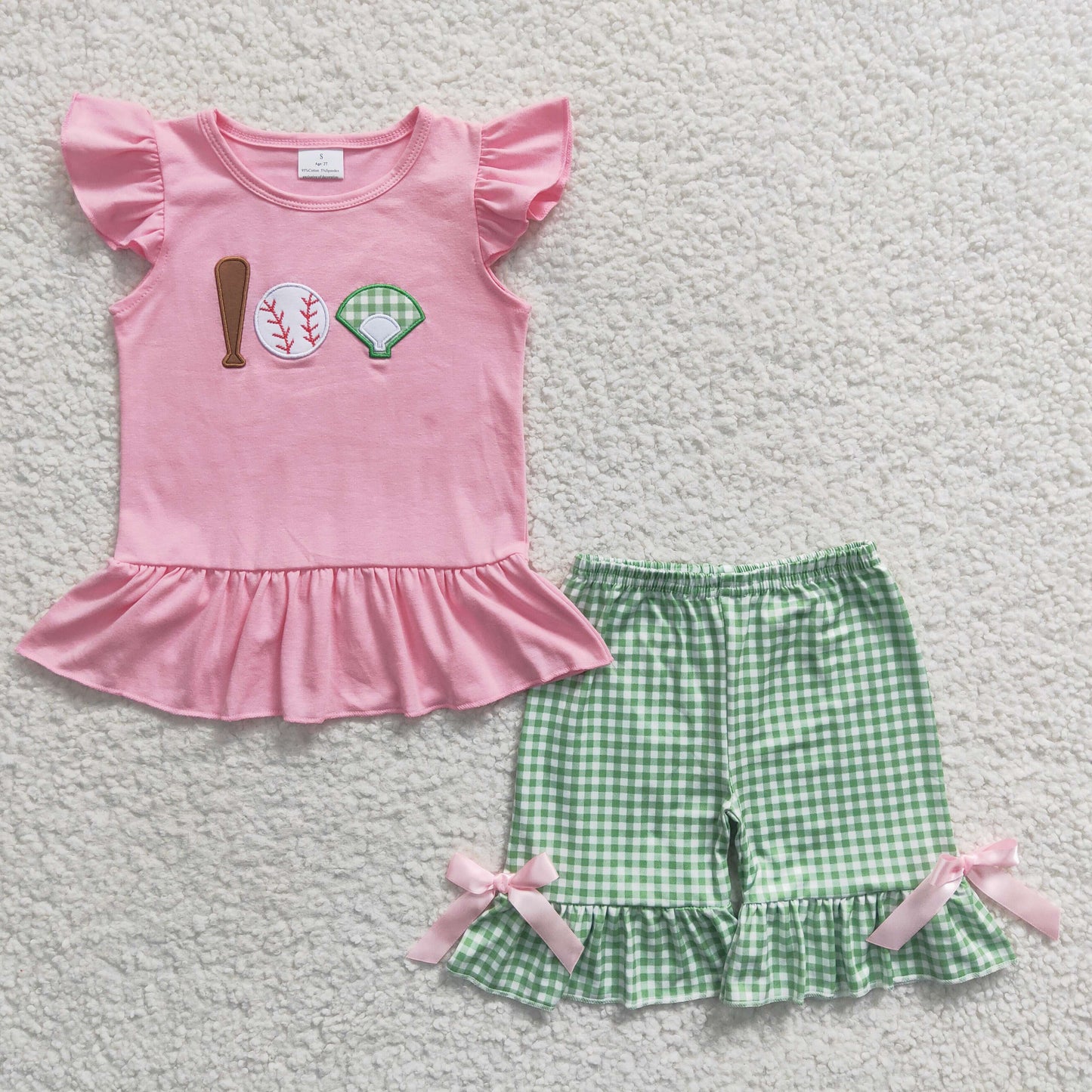 GSSO0205 Pink Green Plaid Softball Baseball  Embroidery Girls Short Sleeve Shorts Outfits