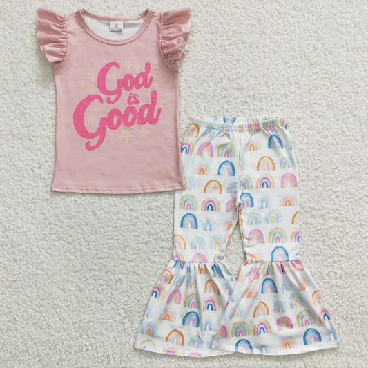 GSPO0479 Pink God Good Rainbow Girls Short Sleeve Bell Bottom Pants Outfits