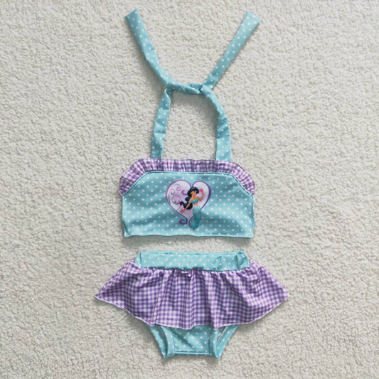 S0056 Purple Blue Princess Embroidery Girls Swimming Bathing Suits Swimsuits