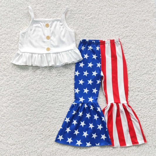 GSPO0480 4th Of July Red Blue Star Flag Girls Sleeveless Bell Bottom Pants Outfits