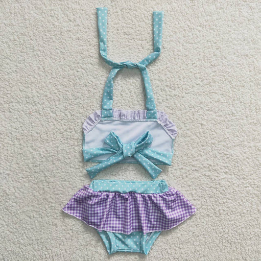 S0056 Purple Blue Princess Embroidery Girls Swimming Bathing Suits Swimsuits