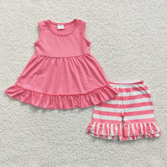 C10-16 Pink Sleeveless Match Striped Tunic  Girls Short Sleeve Shorts Outfits