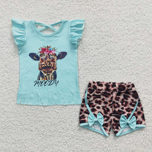 GSSO0197 Blue Cow Leopard Bow  Girls Short Sleeve Shorts Outfits