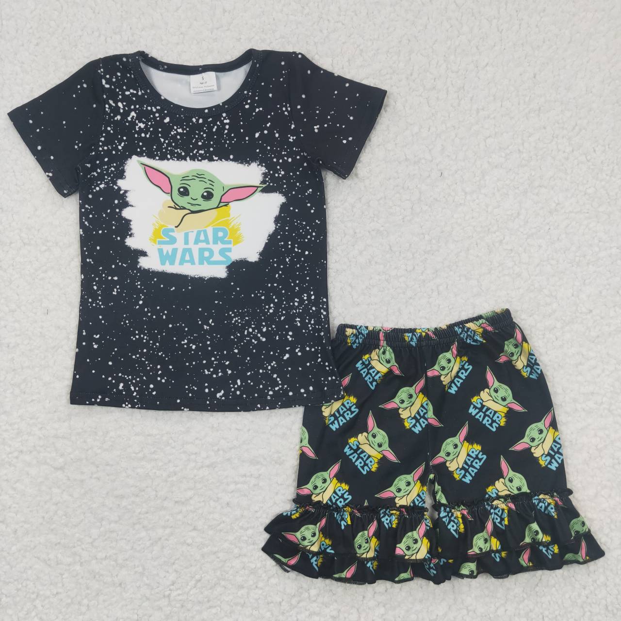 C9-24 Black Bleach Star Green Cartoon Girls Short Sleeve Shorts Outfits