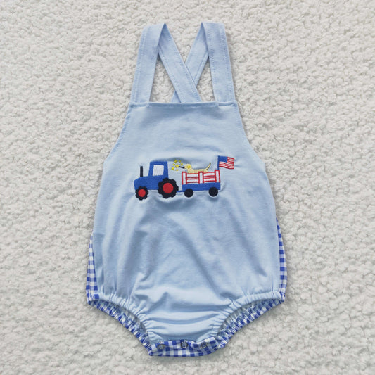 SR0273 4th Of July Dog Blue Farm Car Truck Embroidery Boys Flutter Sleeve Romper