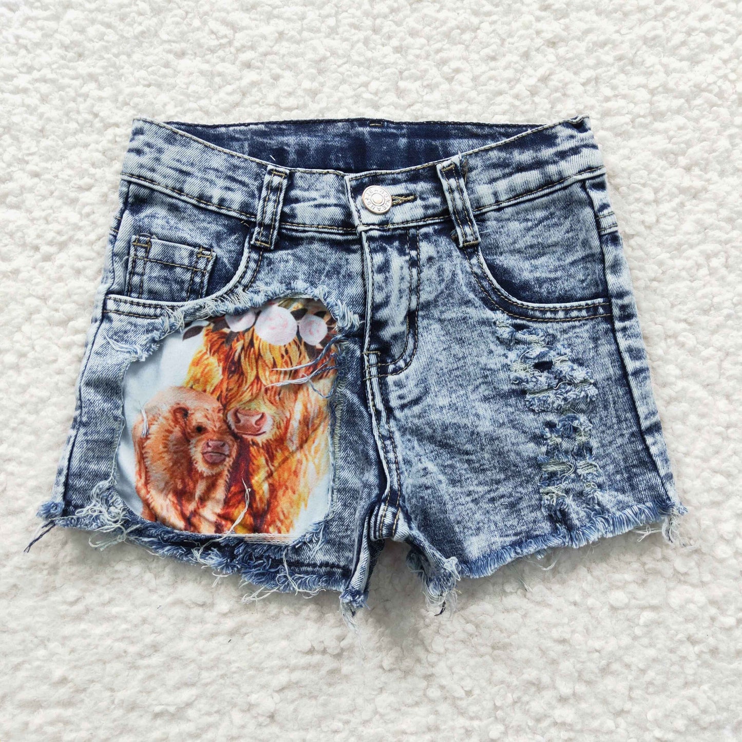 SS0024 Highland Cows Blue Distress Girls Shorts Denim Jeans