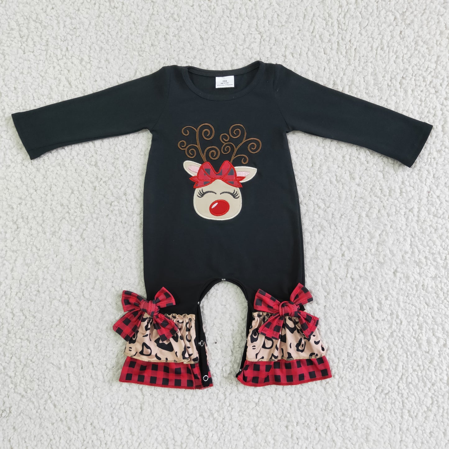 6 B11-9 Christmas Deer Red Leopard Embroidery Girls Long Sleeve Romper