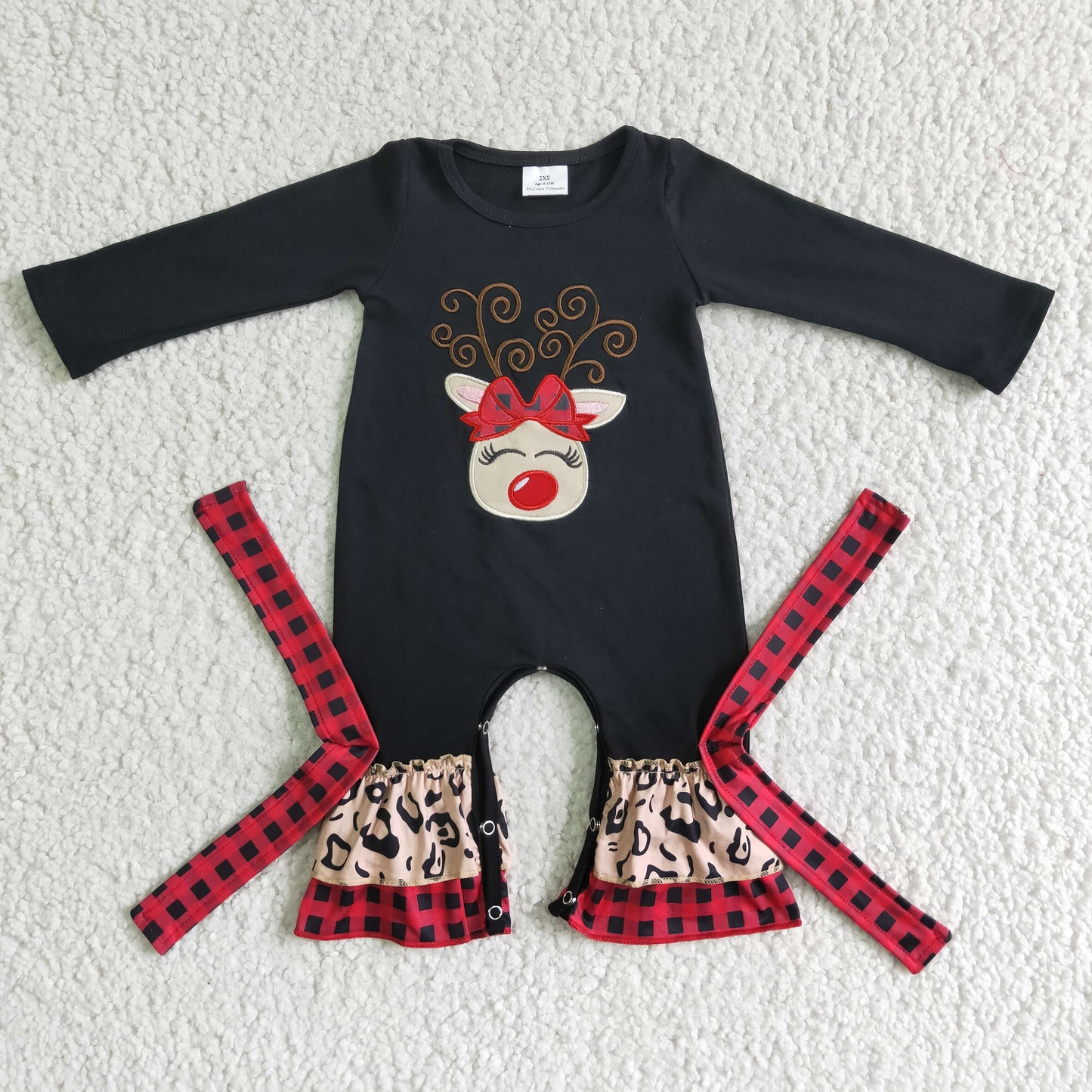 6 B11-9 Christmas Deer Red Leopard Embroidery Girls Long Sleeve Romper