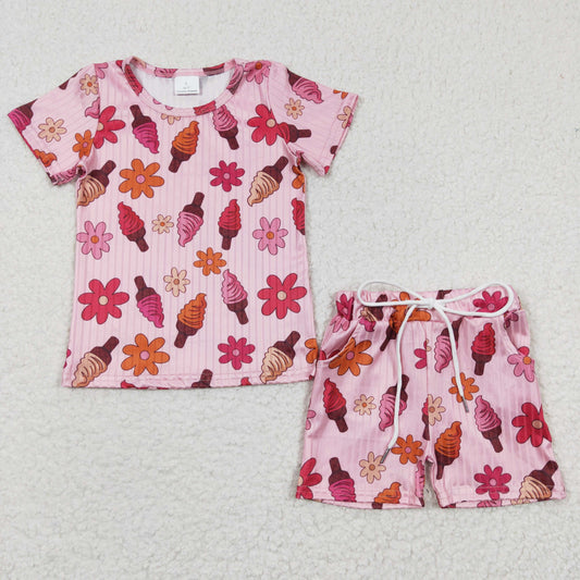 GSSO0230 Pink Floral Ice Girls Short Sleeve Shorts Outfits