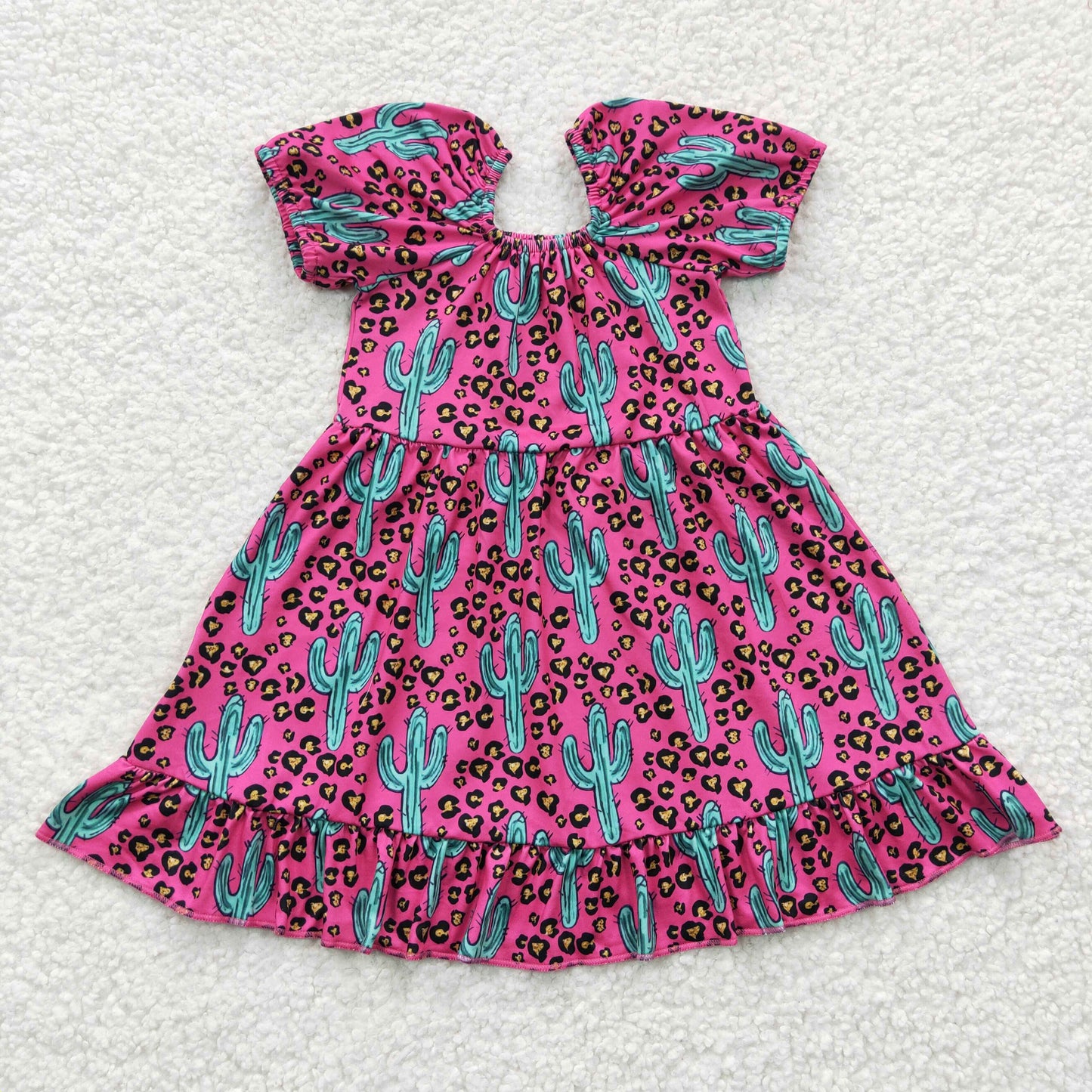 GSD0305 Leopard Pink Cactus Girls Short Sleeve Dresses