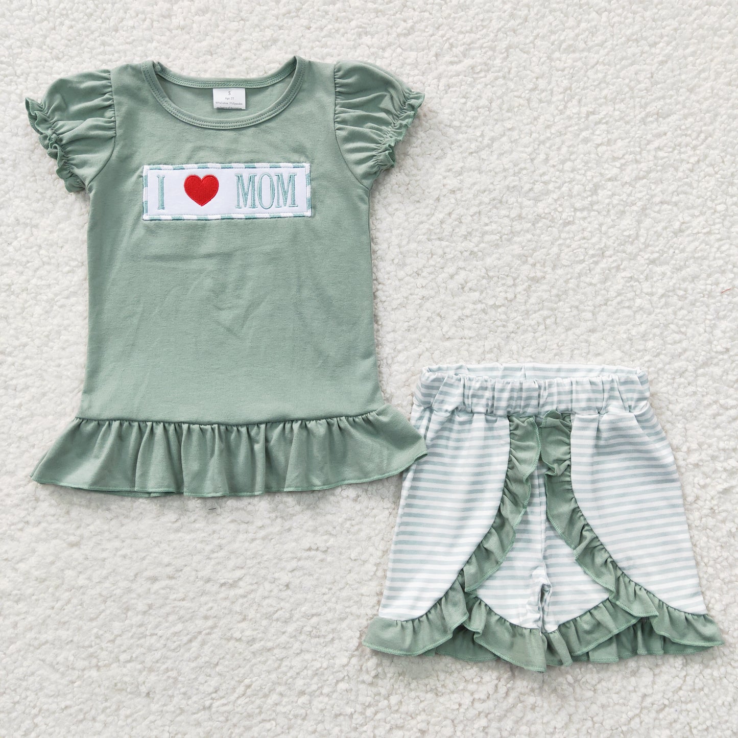 GSSO0189 Green Plaid I Love Mom Embroidery Girls Short Sleeve Shorts Outfits