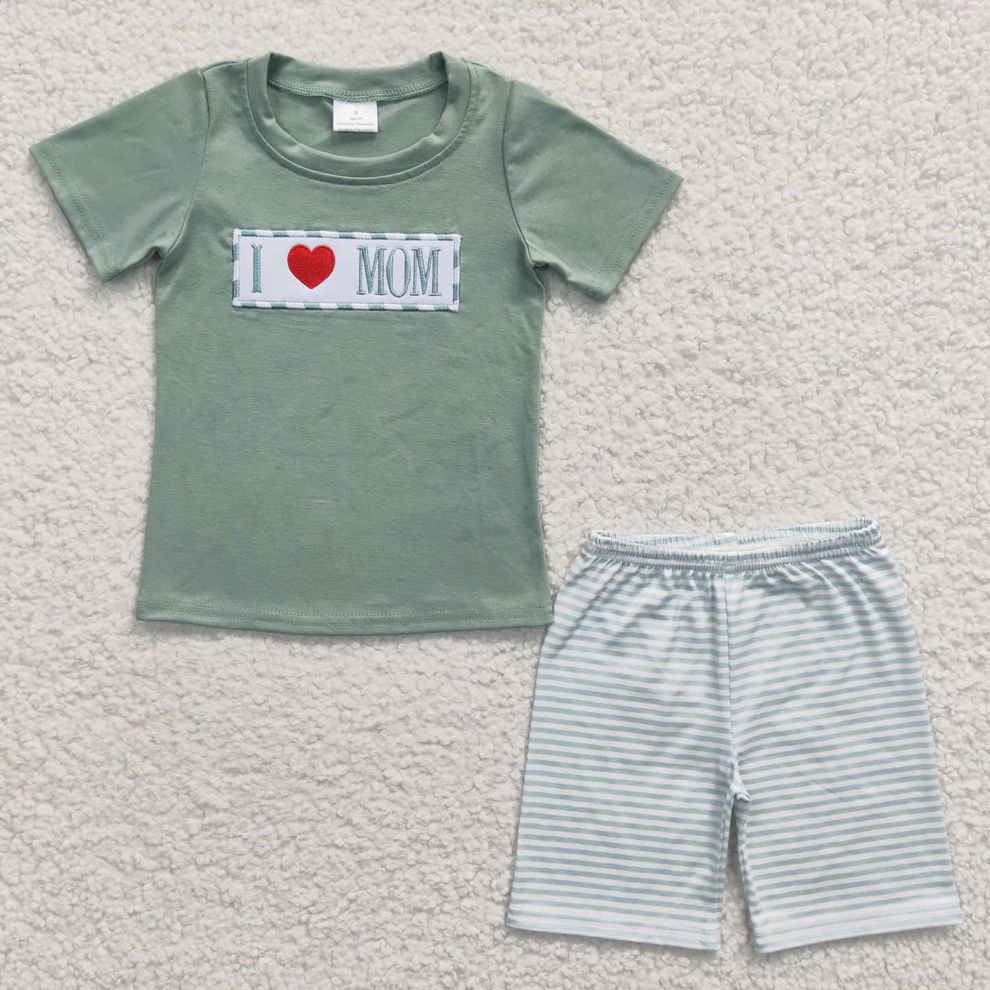 BSSO0173 Green Plaid I Love Mom Embroidery Boys Short Sleeve Shorts Outfits