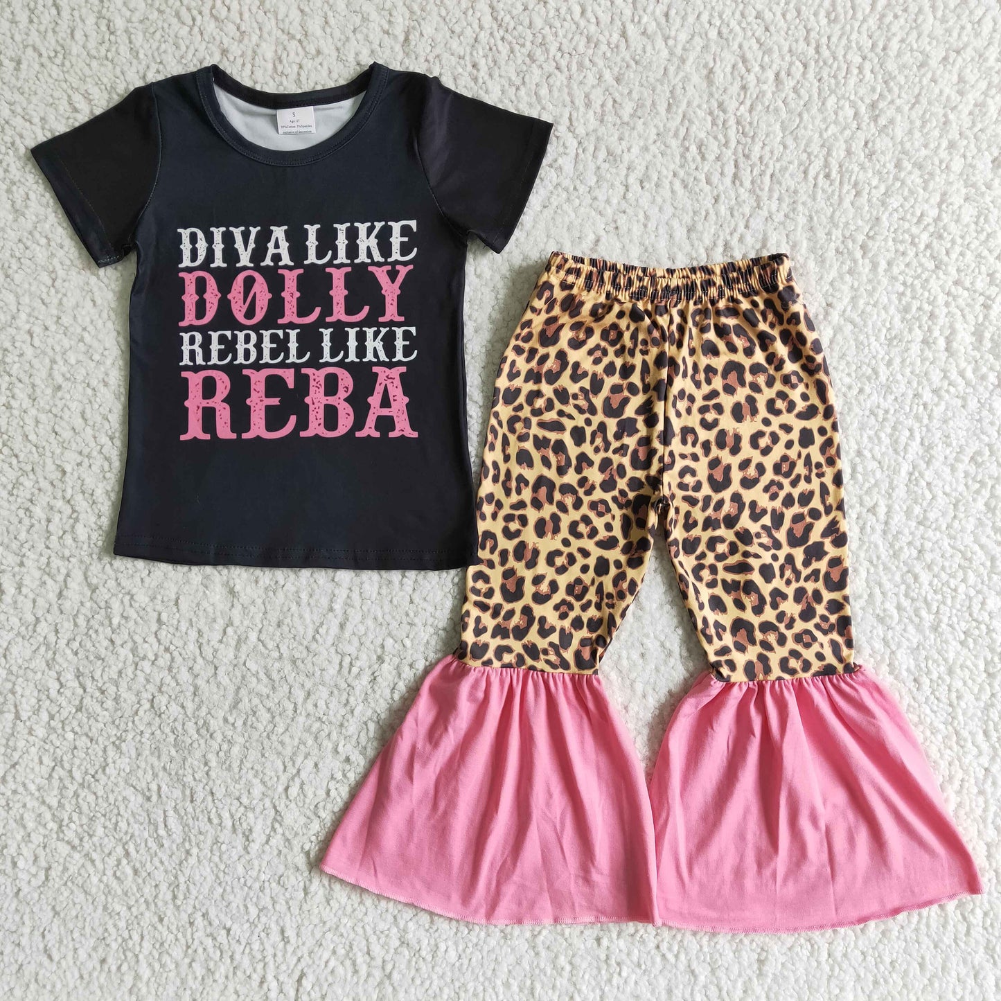 Clearance B14-16 Black Pink Leopard Letter Girls Short Sleeve Pants Outfits