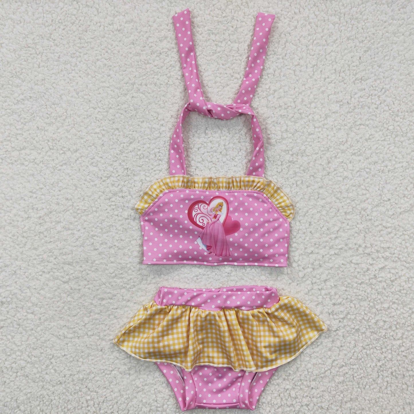 S0058 Love Pink Yellow Princess Girls Swimming Bathing Suits Swimsuits