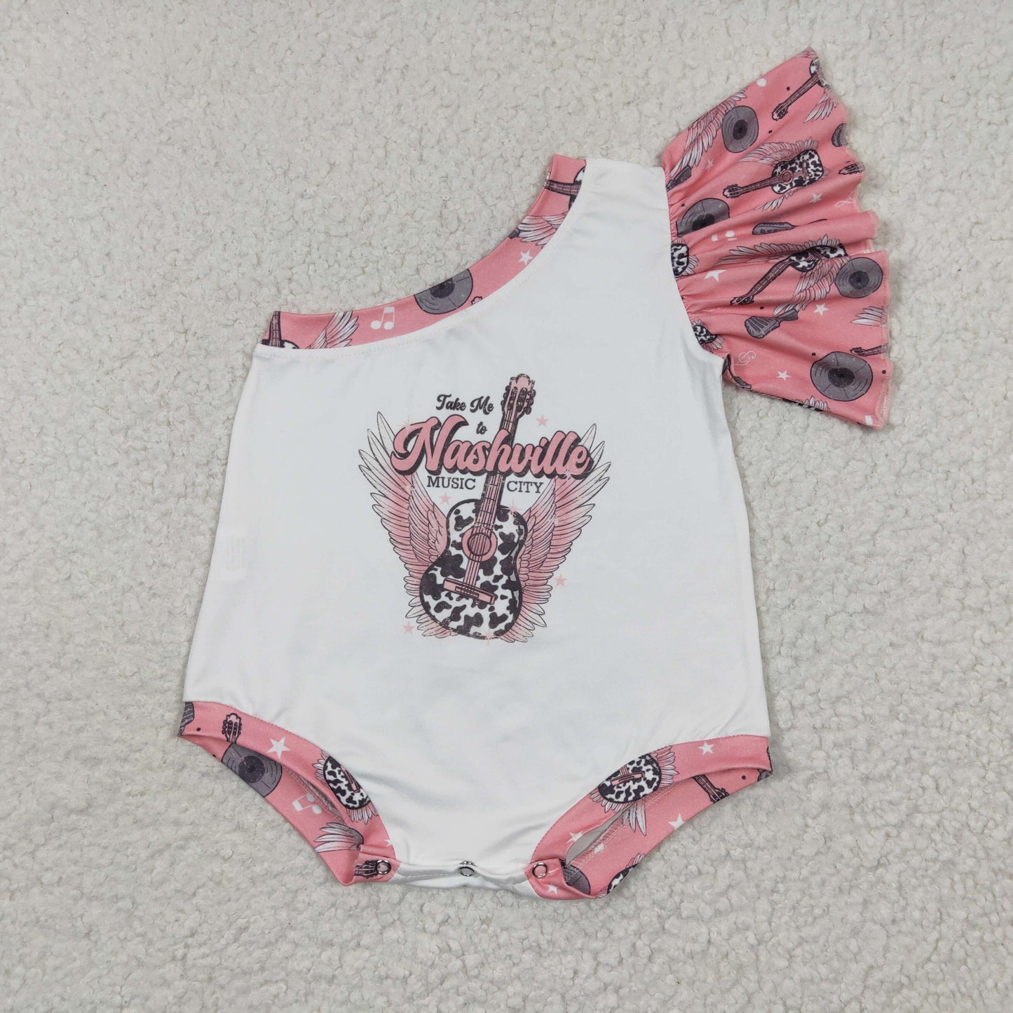 SR0317 Pink Guitar Music City Western Girls Short Sleeve Romper