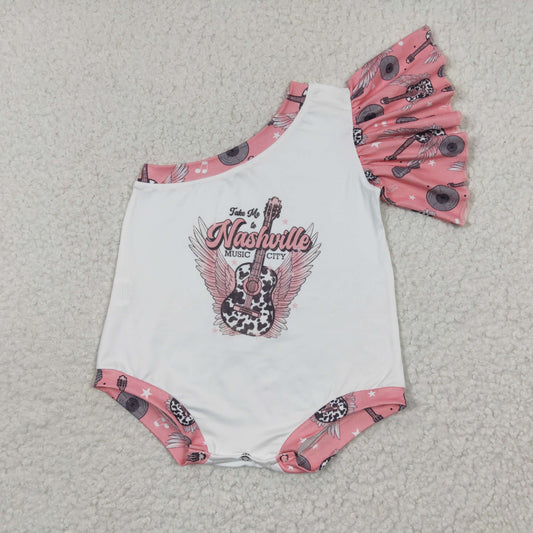 SR0317 Pink Guitar Music City Western Girls Short Sleeve Romper