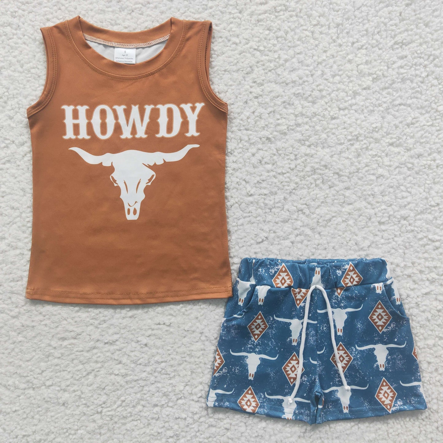 BSSO0207 Howdy Brown Blue Highland Cow Boys Short Sleeve Shorts Outfits