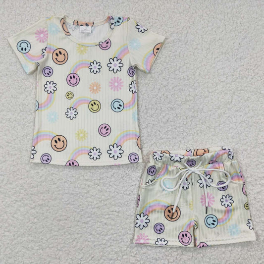 GSSO0229 Pink Yellow Smile Emoji Floral Girls Short Sleeve Shorts Outfits