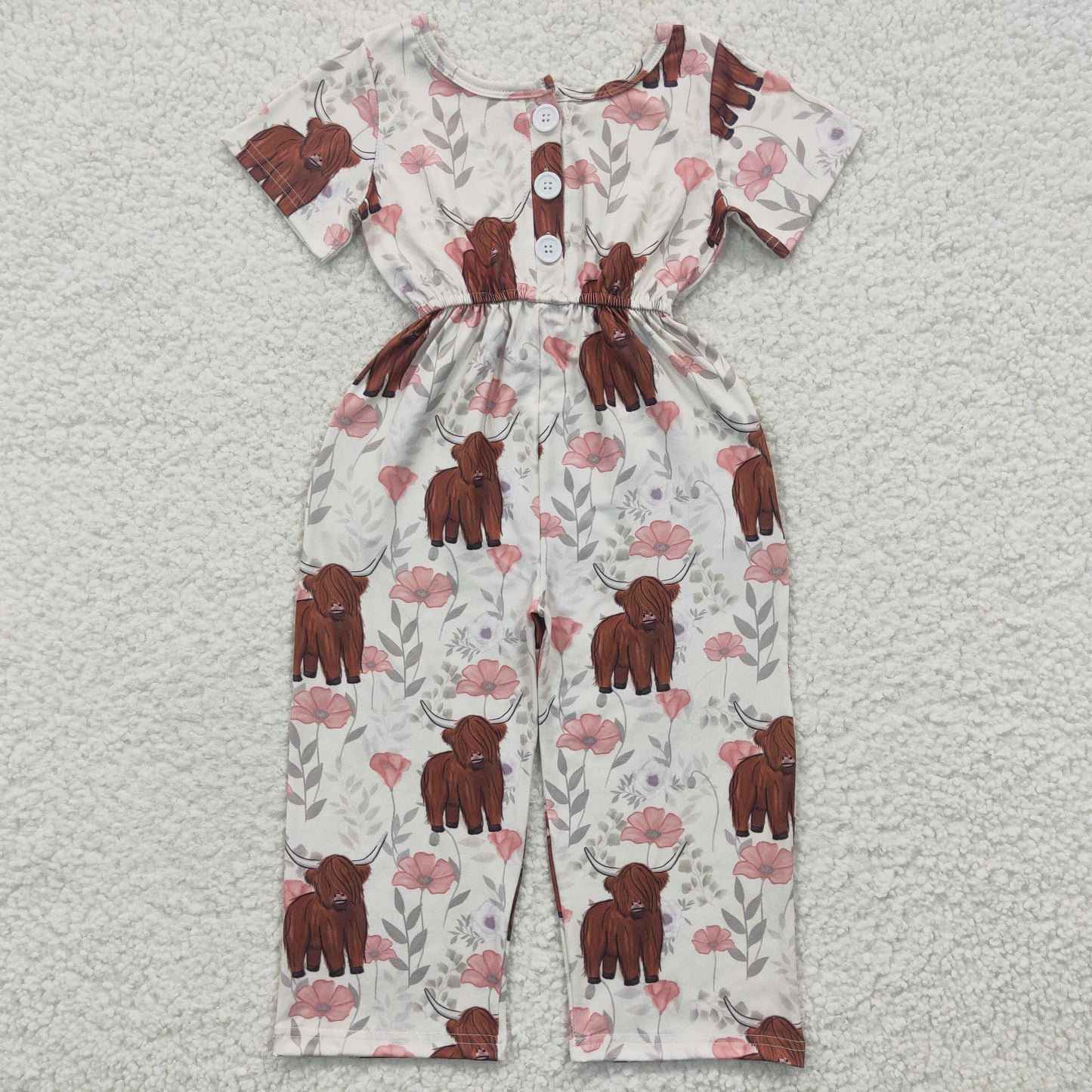 SR0227 Pink Highland Cow Floral Girls Short Sleeve Jumpsuit Overall Pants