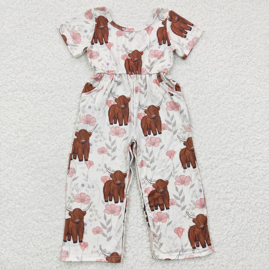 SR0227 Pink Highland Cow Floral Girls Short Sleeve Jumpsuit Overall Pants