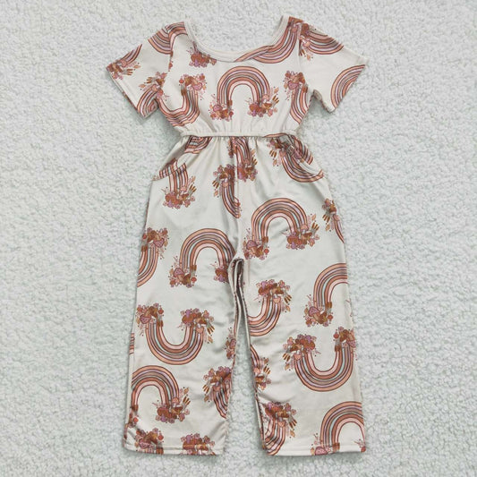 SR0241 Pink Western Rainbow Floral Girls Short Sleeve Jumpsuit Overall Pants