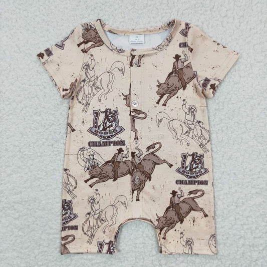 SR0278  Brown Rodeo Cowboy Western Boys Short Sleeve Romper