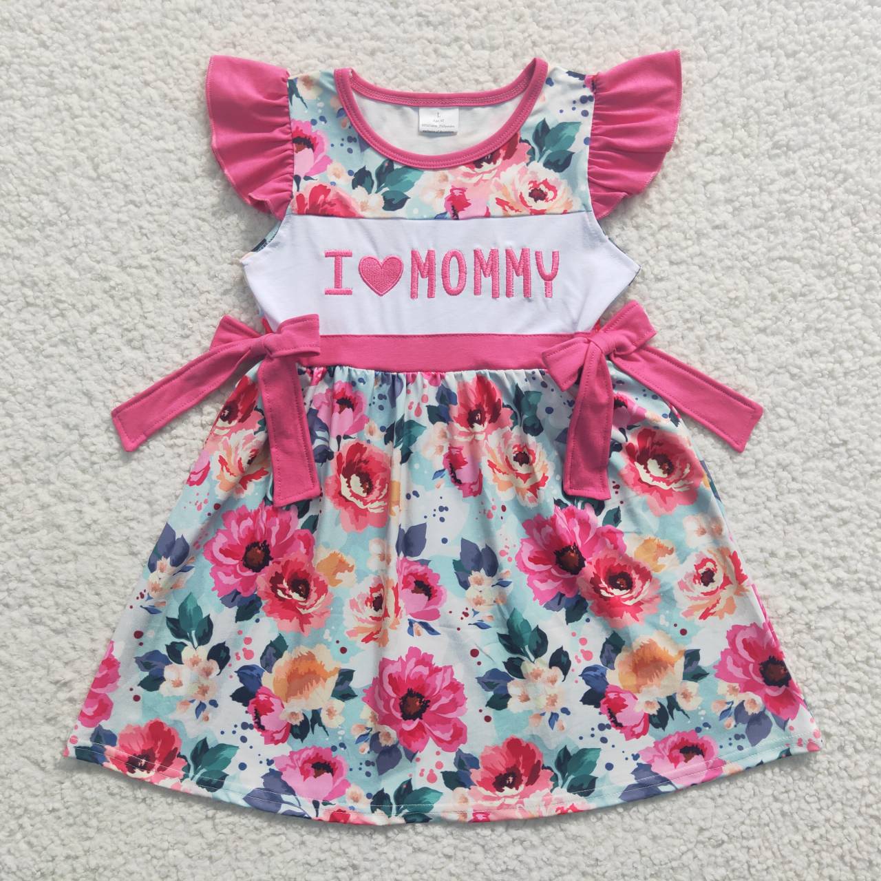 GSD0263 Pink Floral I Love Mommy Embroidery Girls Short Sleeve Dresses